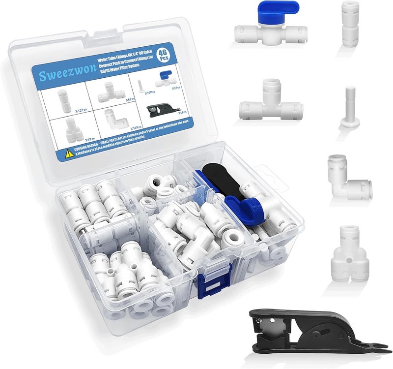 Sweezwon Water Tube Fittings Kit, 1/4" OD Quick Connect Push to Connect Fittings for RO/DI Water Filter System (Ball Valve+ T+ I+ L+ Y+ Professional Tubing Cutter, 46Pcs) - Image 1
